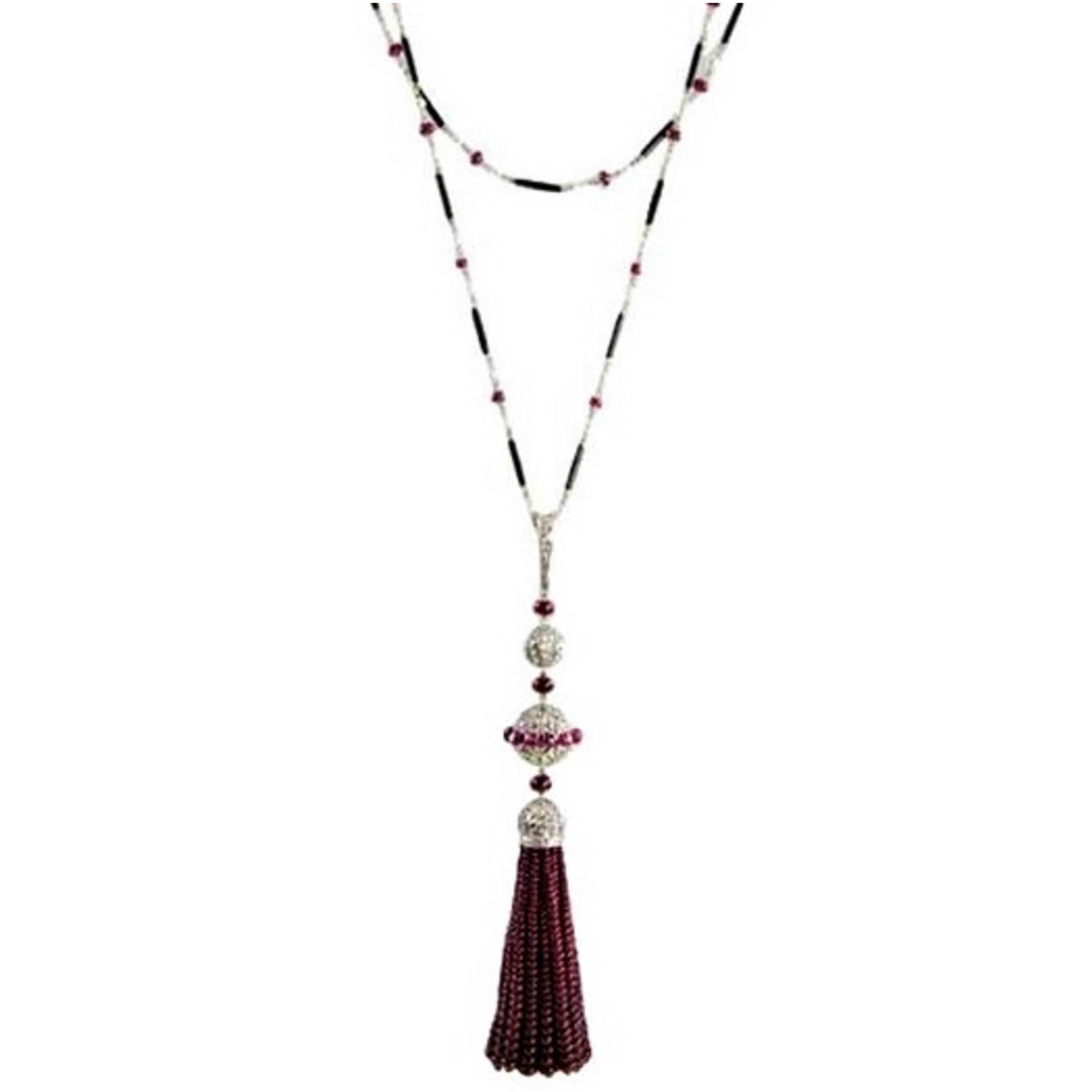 5.30 Carat Diamond, Ruby, Pearl & Gold Tassel Necklace For Sale