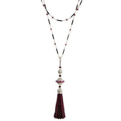 5.30 Carat Diamond, Ruby, Pearl & Gold Tassel Necklace