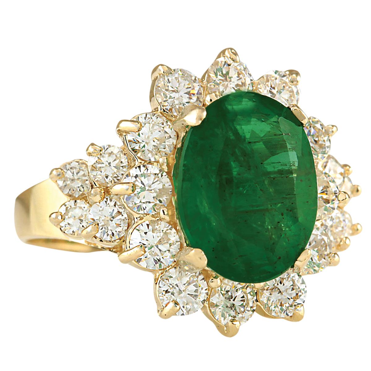 5.30 Carat Emerald 14 Karat Yellow Gold Diamond Ring
Stamped: 14K Yellow Gold
Total Ring Weight: 5.8 Grams
Total  Emerald Weight is 3.65 Carat (Measures: 11.00x9.00 mm)
Color: Green
Total  Diamond Weight is 1.65 Carat
Color: F-G, Clarity: