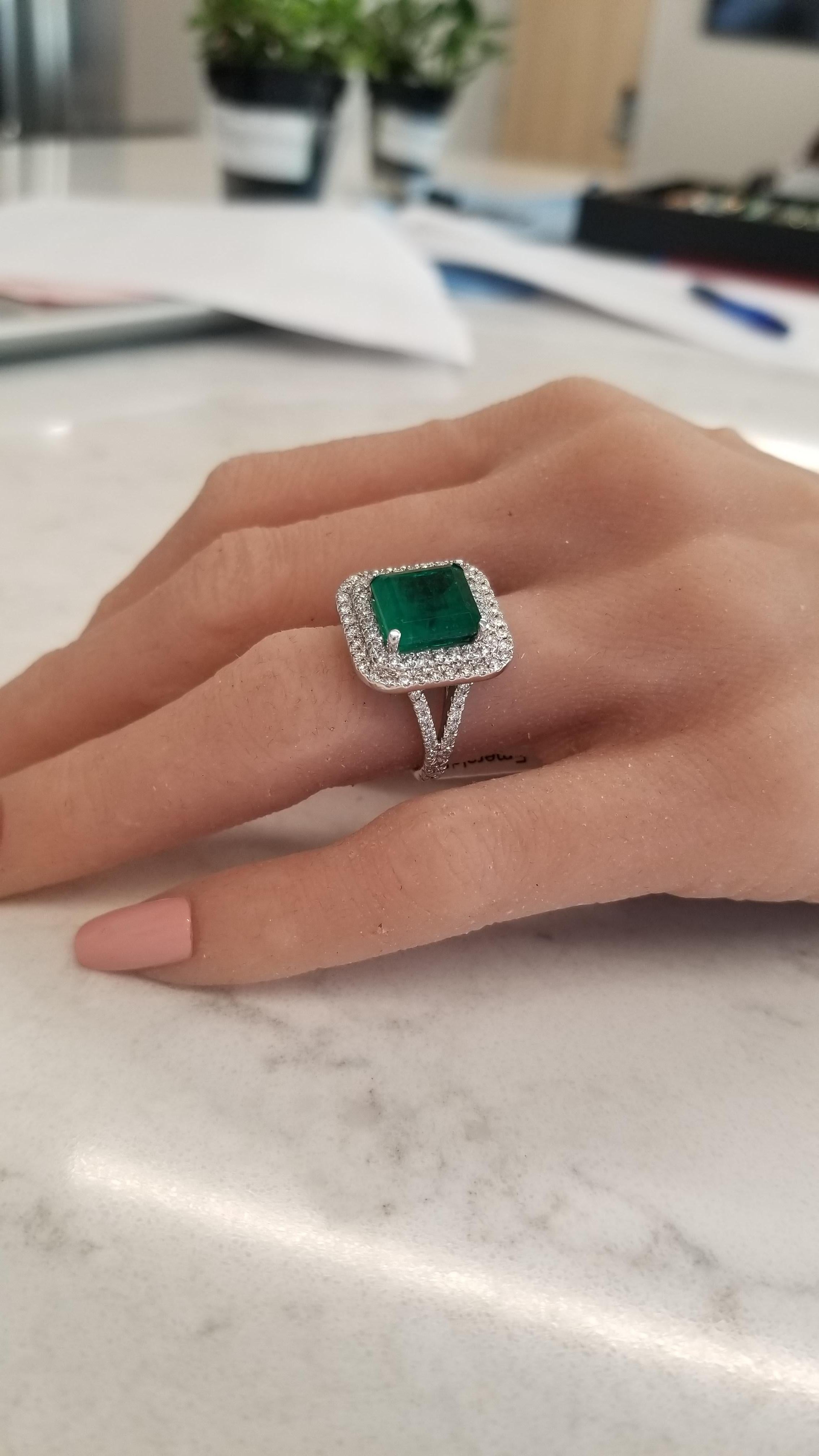 5.30 Carat Emerald Cut Emerald and Diamond Cocktail Ring in 18 Karat White Gold In New Condition In Chicago, IL