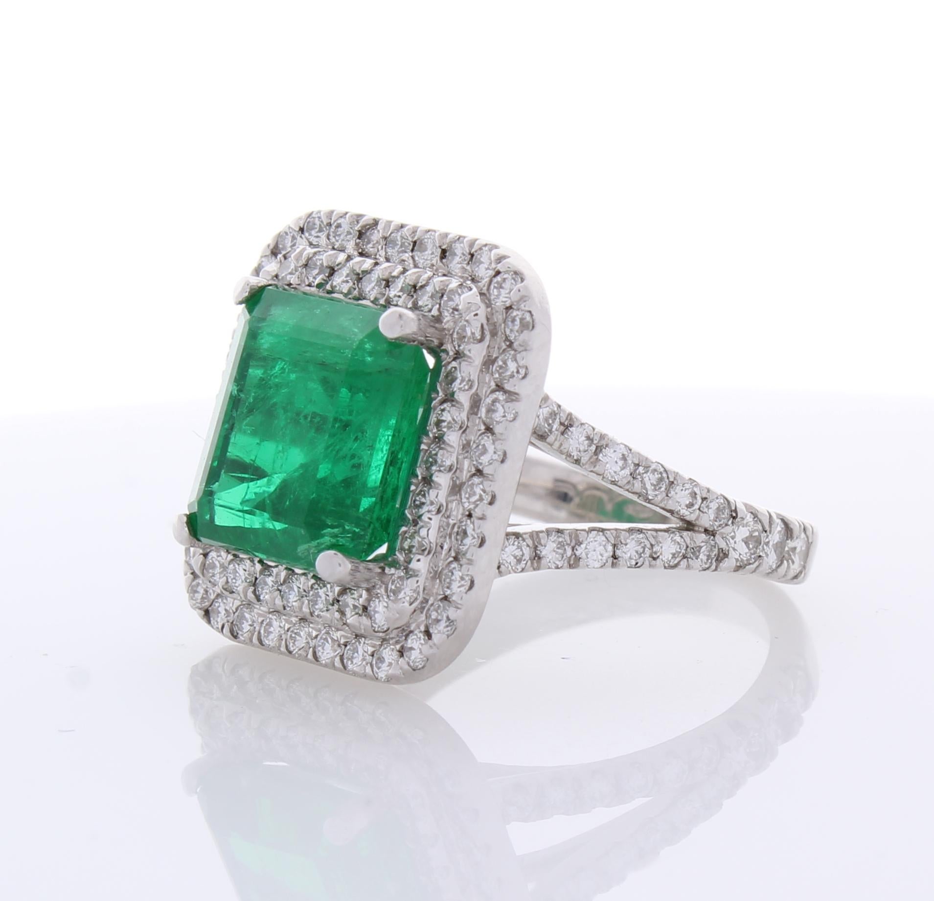 Contemporary 5.30 Carat Emerald Cut Emerald and Diamond Cocktail Ring in 18 Karat White Gold