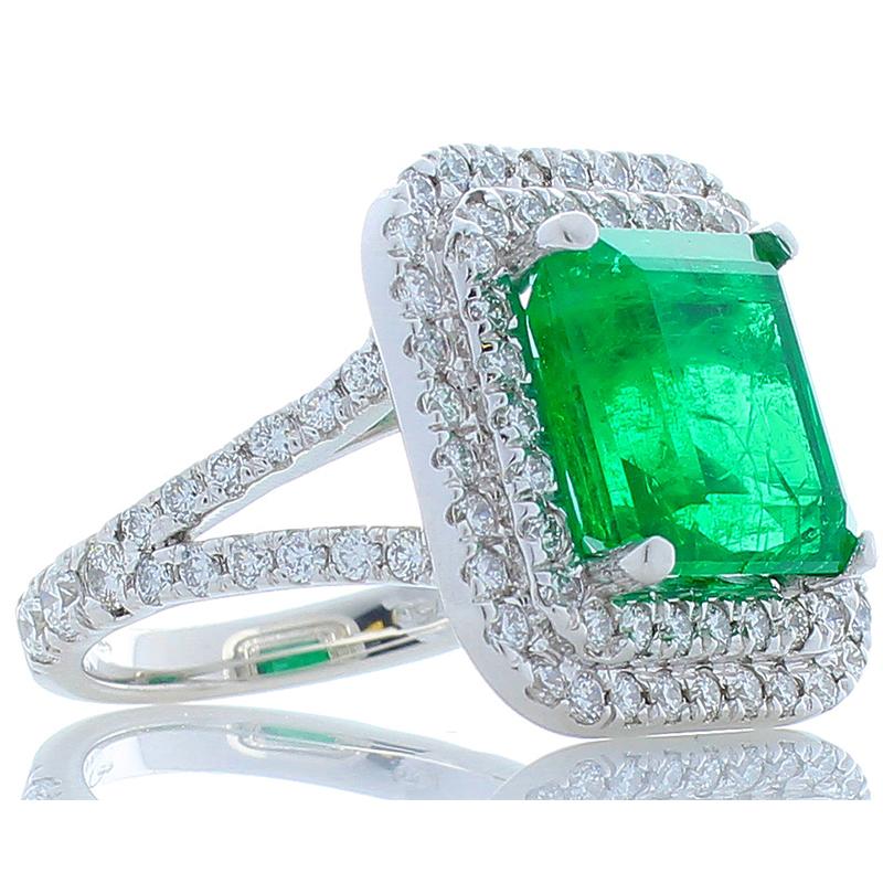 Women's 5.30 Carat Emerald Cut Emerald and Diamond Cocktail Ring in 18 Karat White Gold