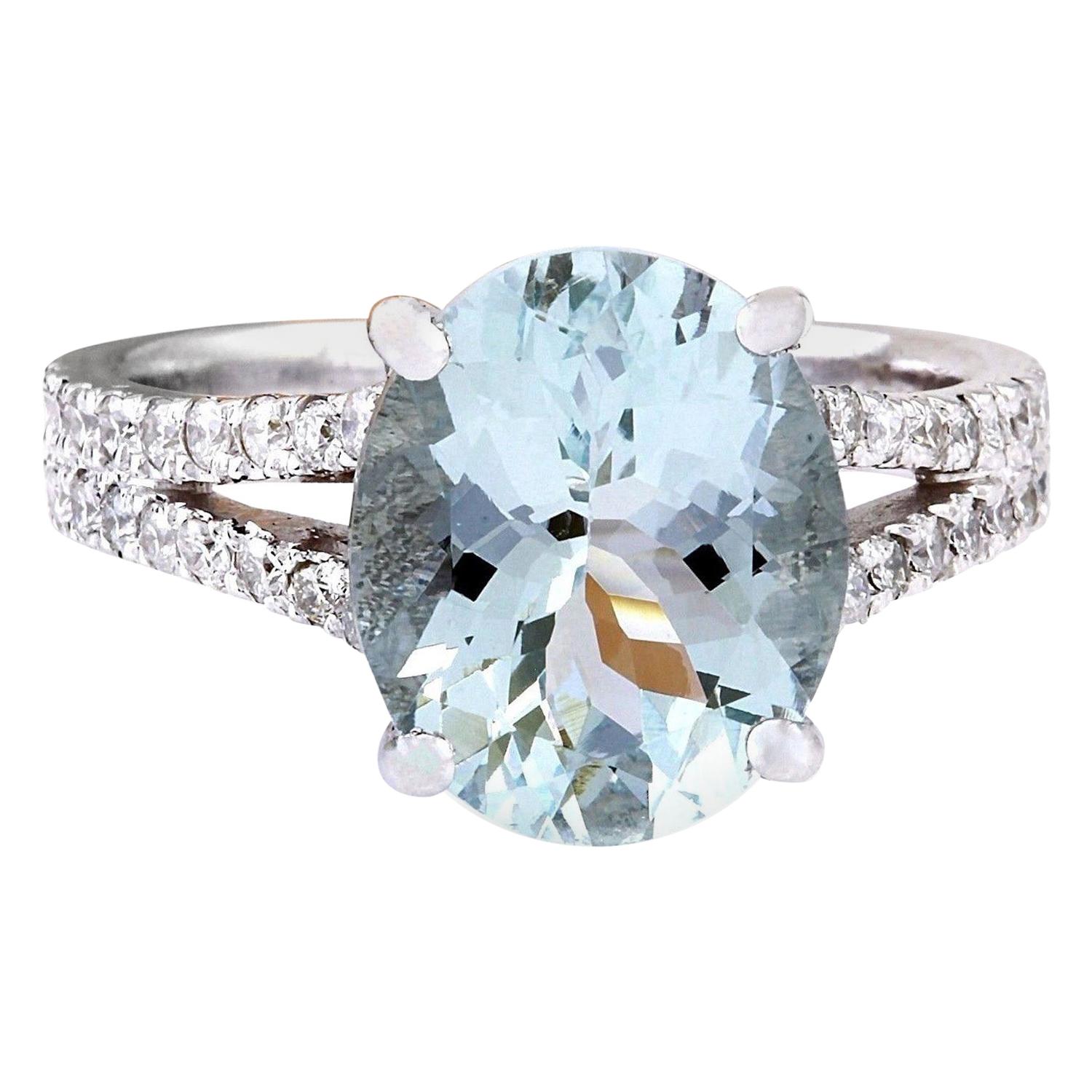 Natural Aquamarine Diamond Ring In 14 Karat Solid White Gold 