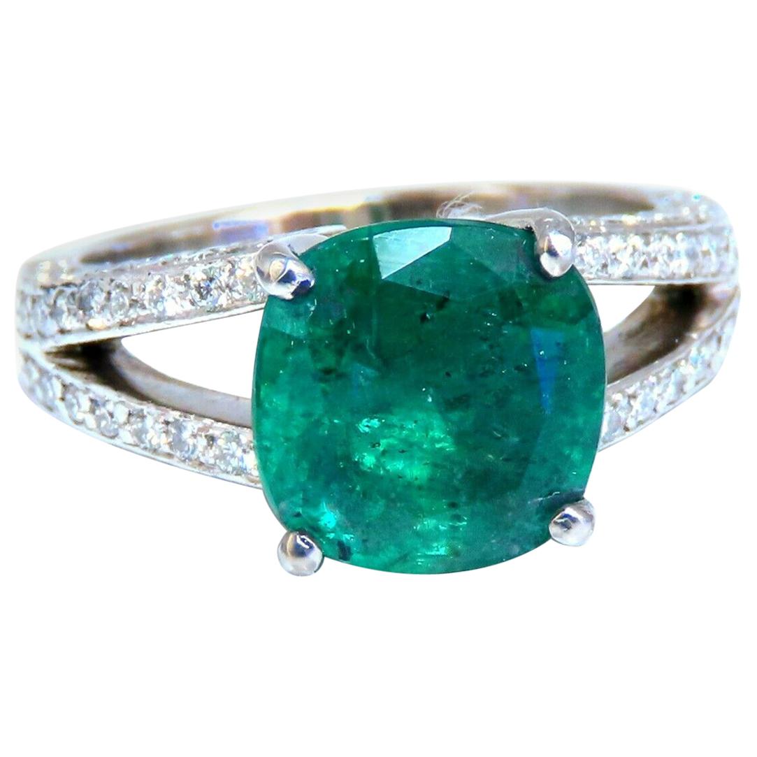 5.30 Carat Natural Cushion Emerald Diamonds Ring Platinum Split Shank Fine Green For Sale