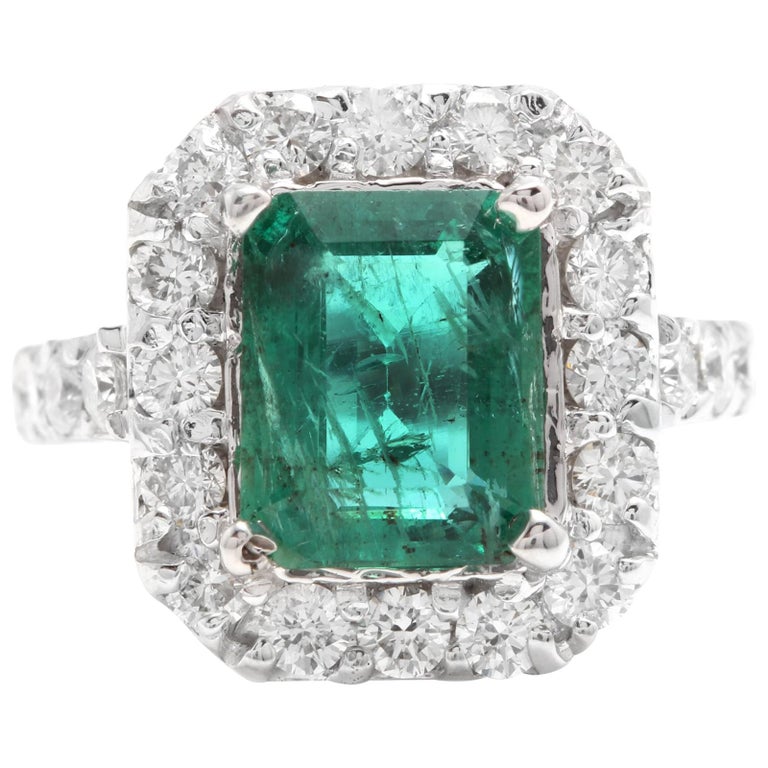 Bague De Fiançailles En Or Blanc 14 Carats - Pierre émeraude Simulée 2.15 Carats, Taille Sur Mesure