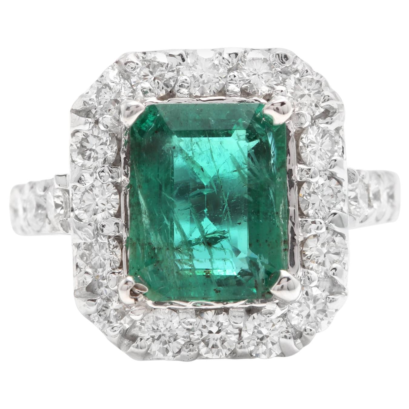 5.30 Carat Natural Emerald and Diamond 14 Karat Solid White Gold Ring For Sale