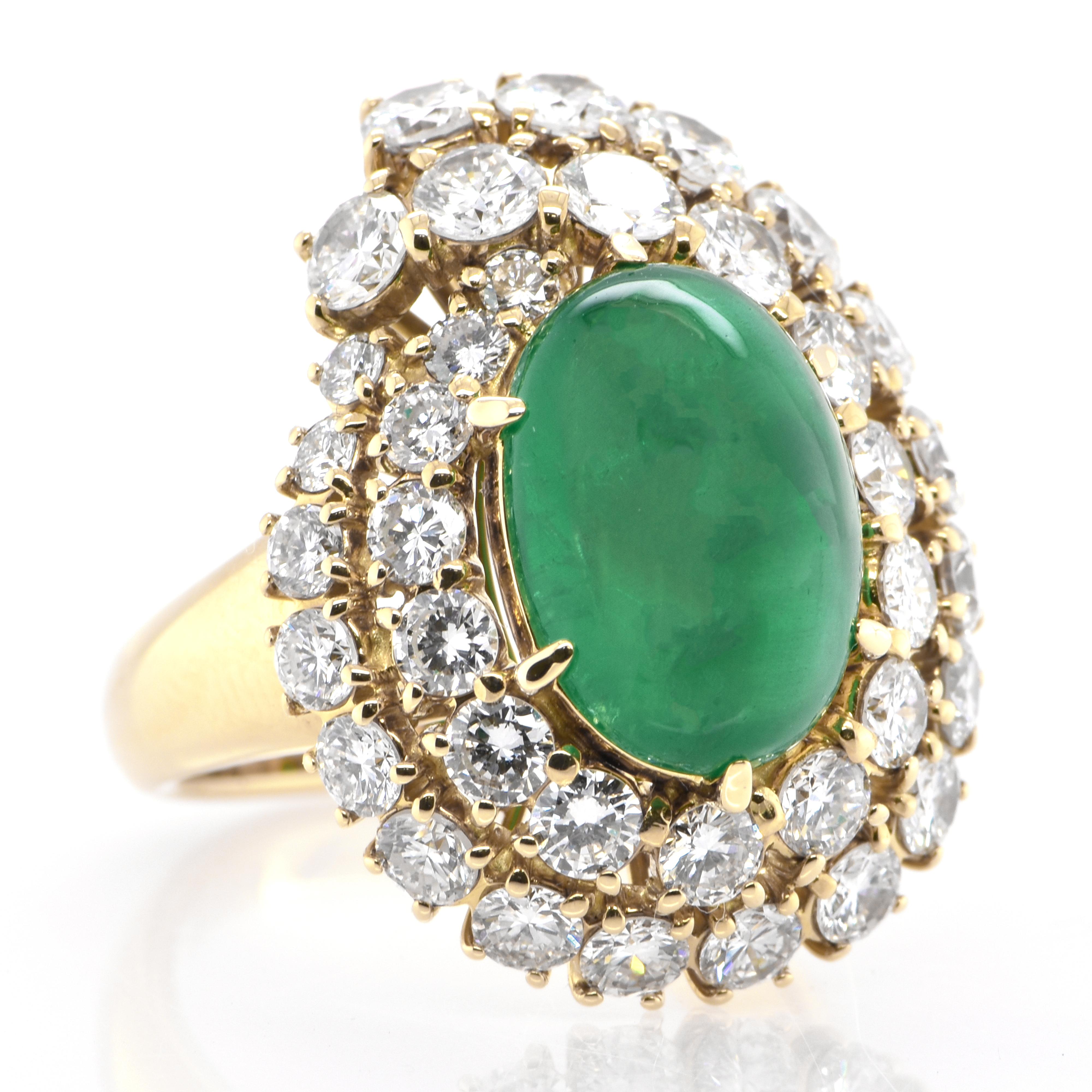 Modern 5.30 Carat Natural Emerald Cabochon and Diamond Ring Set in 18 Karat Gold