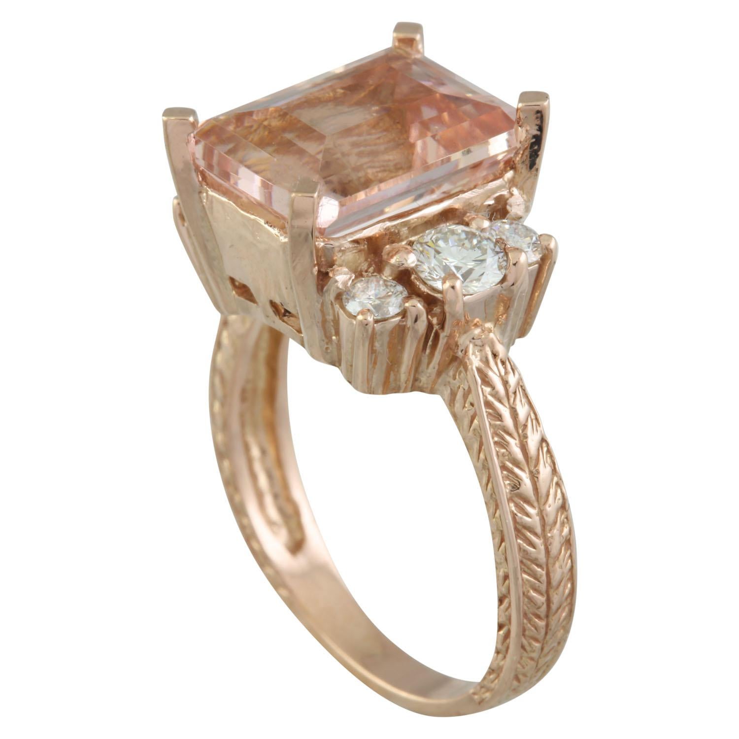5.30 Carat Natural Morganite 14 Karat Solid Rose Gold Diamond Ring
Stamped: 14K 
Ring Size: 7 
Total Ring Weight: 7.5 Grams 
Morganite Weight: 4.60 Carat (11.00x9.00 Millimeter) 
Diamond Weight: 0.70 Carat (F-G Color, VS2-SI1 Clarity) 
Quantity: