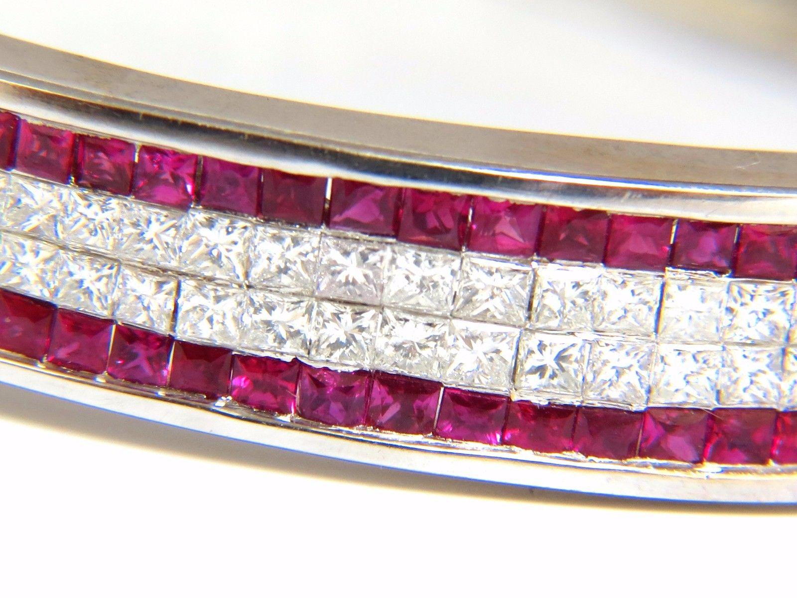 Modern Edge.

3.00ct. Natural Ruby Bangle bracelet.

Princess cuts, Fully Faceted.

Vibrant Red, excellent Sparkle.

Clean Clarity & Transparent.



2.30ct. natural diamonds:

Princess, Full Cut

G-H color

Vs-2 clarity

Secure pressure clasp and