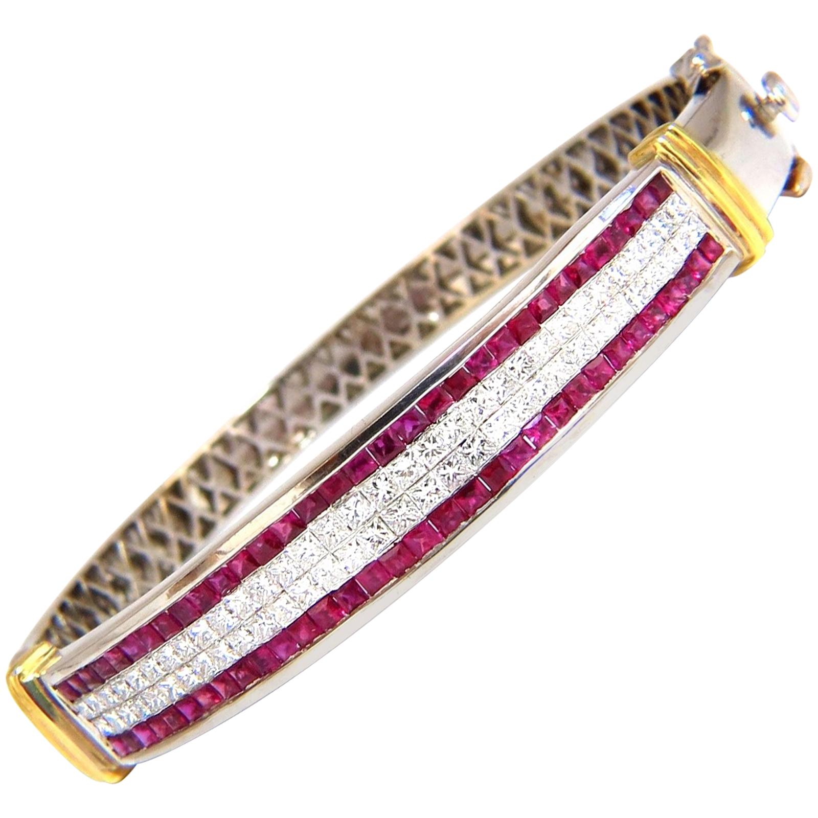 5.30 Carat Natural Princess Cut Ruby Diamonds Bangle Bracelet 18 Karat*