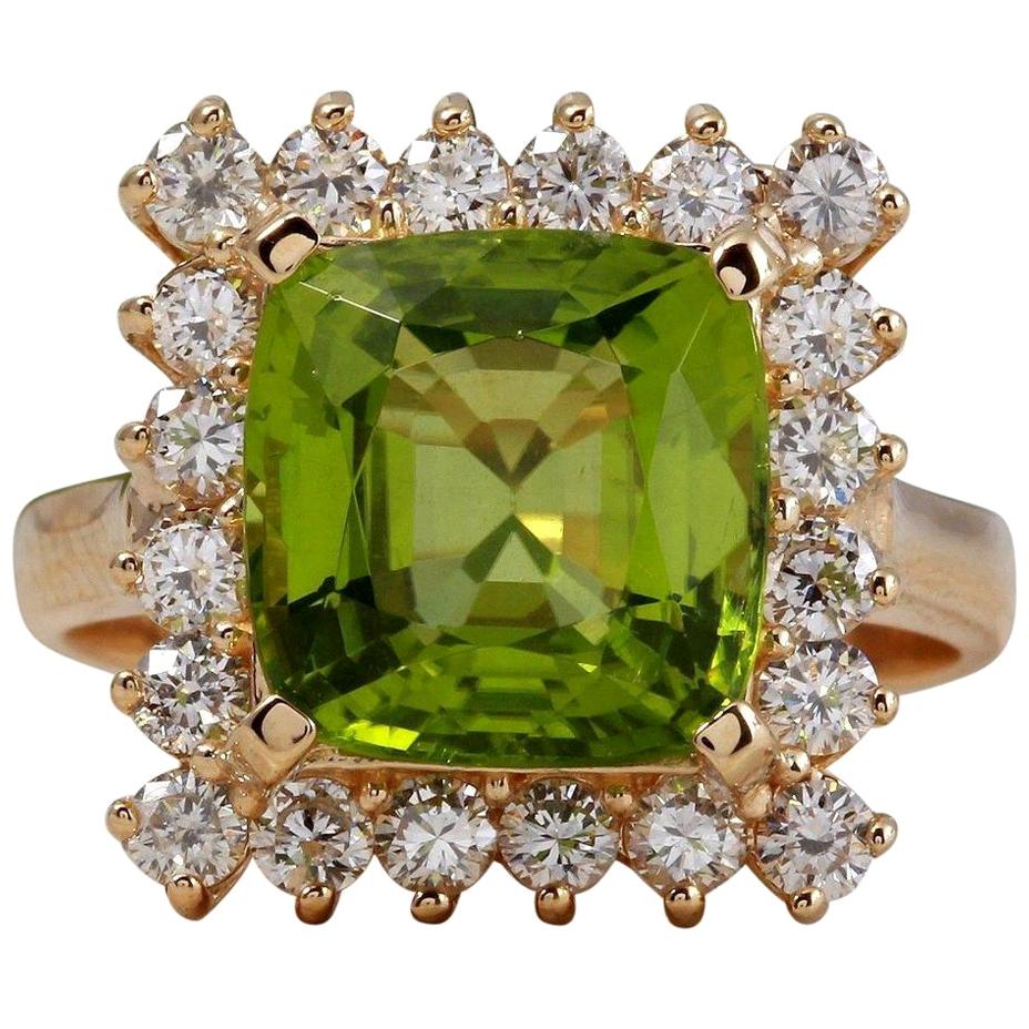 5.30 Carat Natural Very Nice Looking Peridot and Diamond 14K Solid Gold Ring For Sale