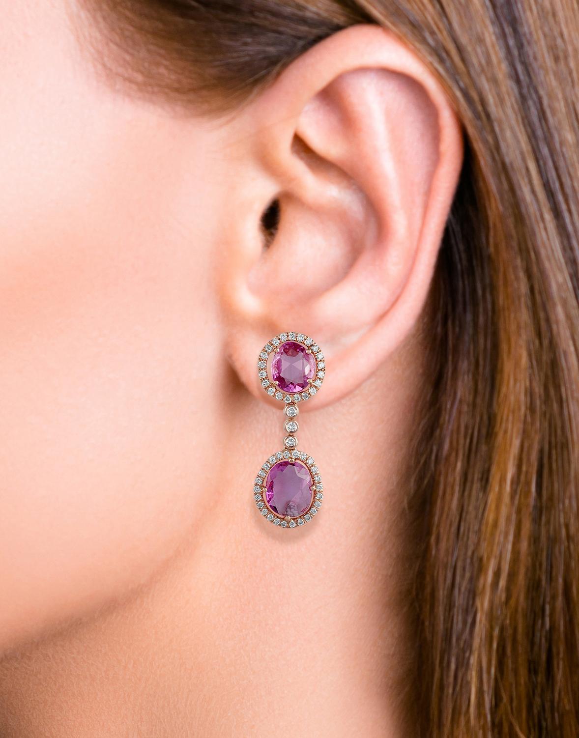 Rose Cut 5.30 Carat Pink Sapphire and Diamond Earring Studded in 18 Karat Rose Gold For Sale