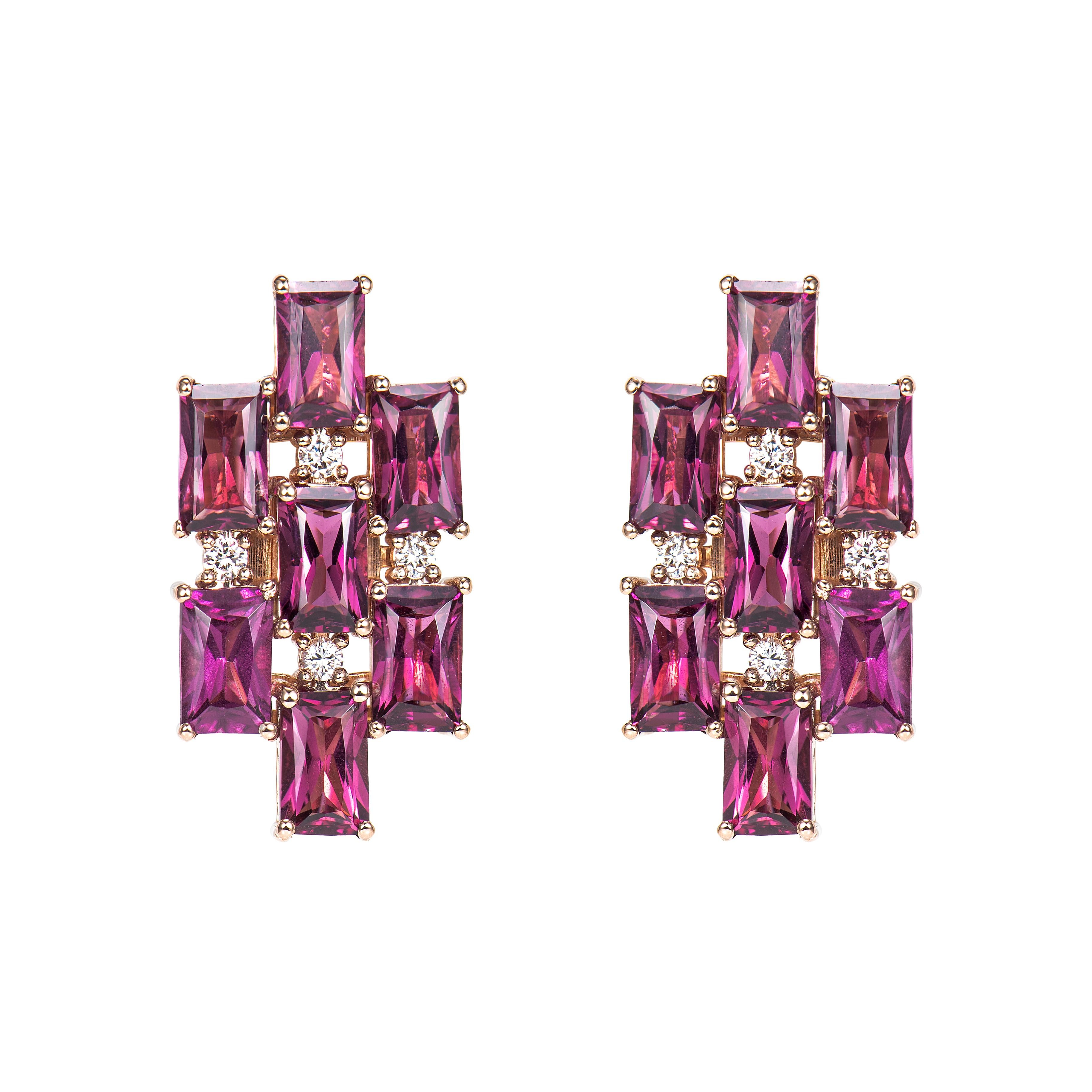 Contemporary 5.30 Carat Rhodolite Drop Earring in 18Karat Rose Gold with White Diamond. For Sale