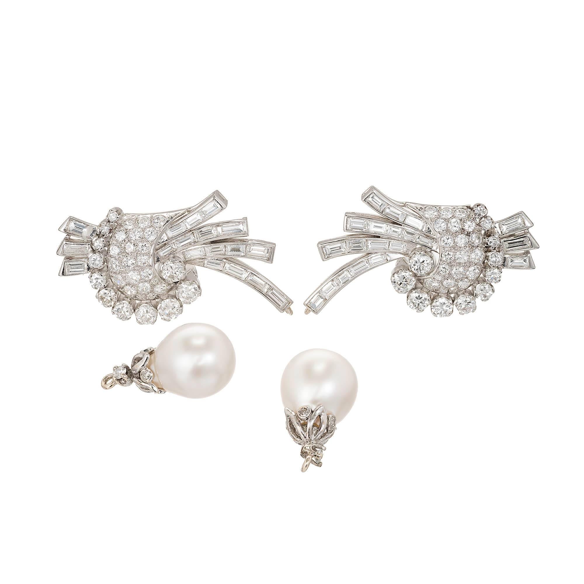 Vintage 1950-1960 Day and Night diamond and pearl earrings.  The tops are all platinum with clip and post and set with bright sparkly baguette and round diamonds. The bottom sections are made in white gold with good tear drop shape 10 to 11 mm