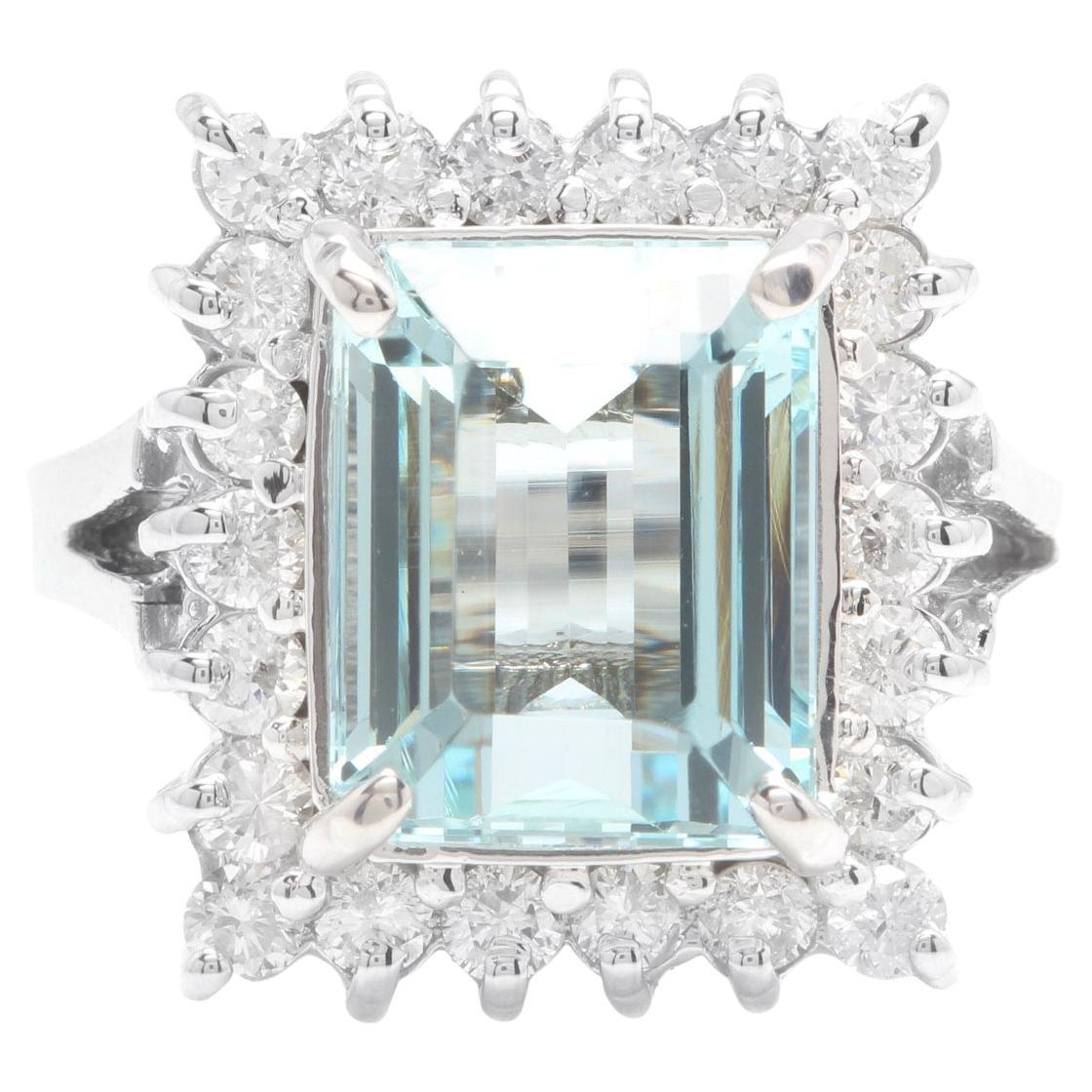 Anillo de oro blanco macizo de 14 quilates con aguamarina natural y diamantes de 5,30 quilates