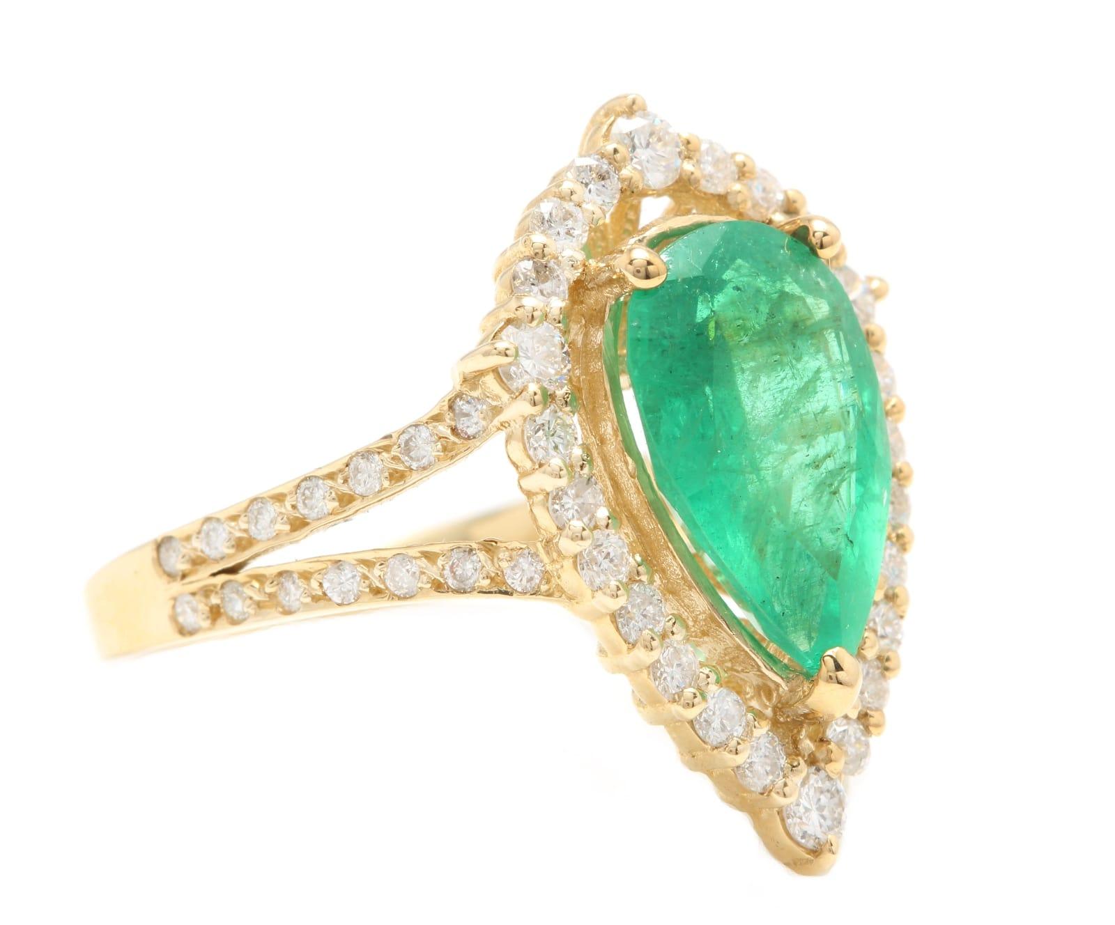 5.30 Carats Natural Emerald and Diamond 14K Solid Yellow Gold Ring

Suggested Replacement Value:  $8,500.00

Total Natural Pear Cut Emerald Weight is: 4.50 Carats

Emerald Measures: Approx. 13.00 x 8.00mm

Head of the ring measures: Approx. 21.00 x
