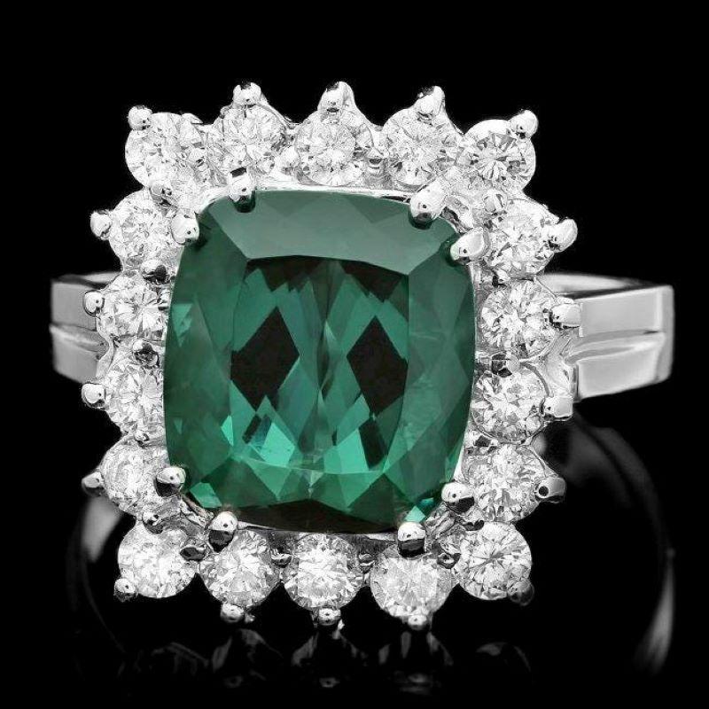 Mixed Cut 5.30 Carats Natural Green Tourmaline and Diamond 14K Solid White Gold Ring For Sale