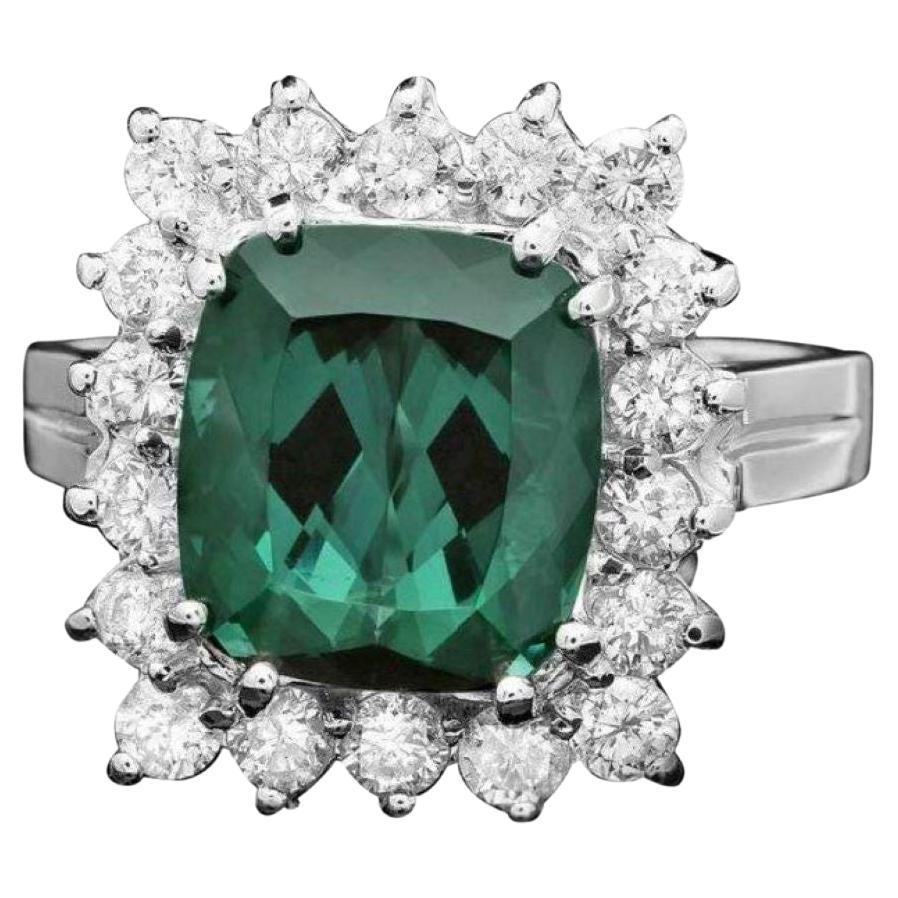 5.30 Carats Natural Green Tourmaline and Diamond 14K Solid White Gold Ring For Sale