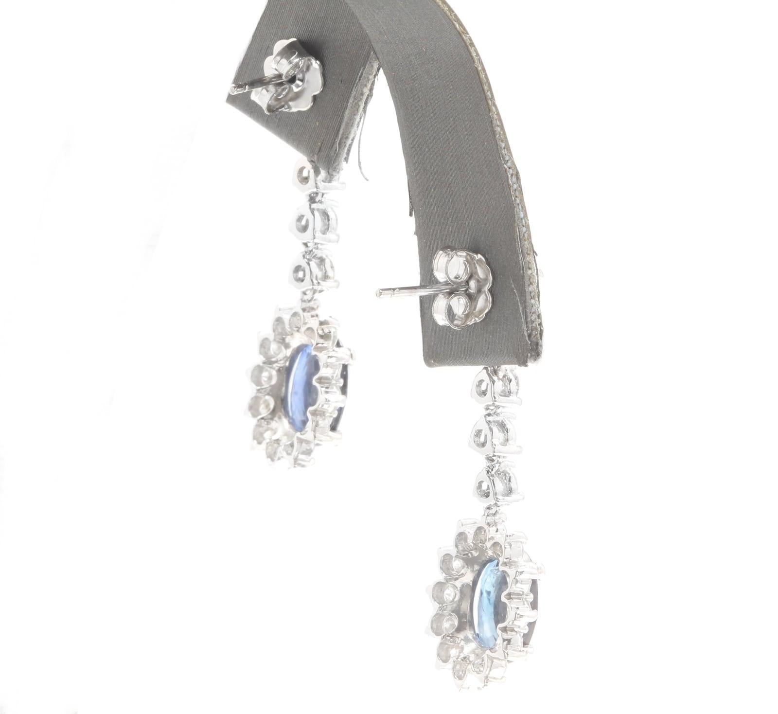 Oval Cut 5.30 Carats Natural Sapphire and Diamond 14K Solid White Gold Earrings For Sale