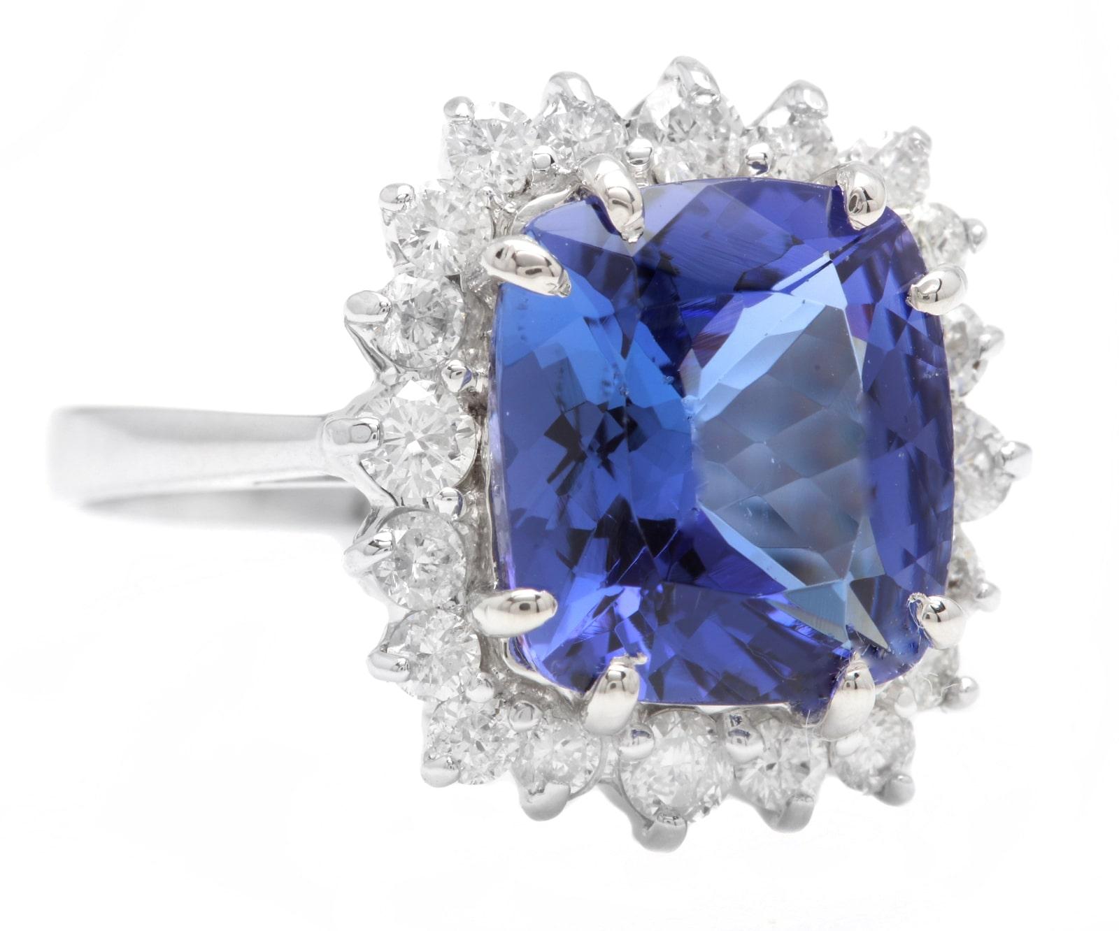 Mixed Cut 5.30 Carats Natural Tanzanite and Diamond 14K Solid White Gold Ring For Sale