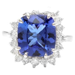Bague en or blanc massif 14 carats avec tanzanite naturelle de 5,30 carats et diamants