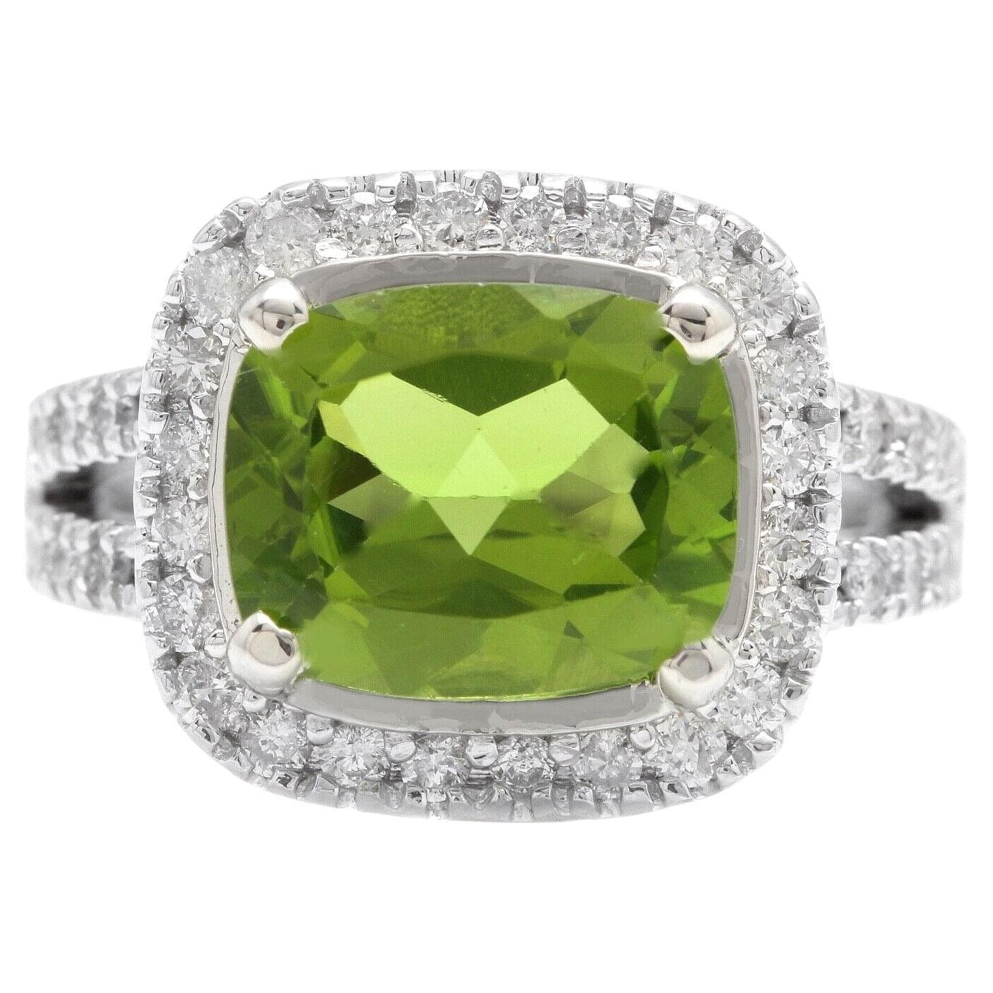 5.30 Carats Natural Very Nice Looking Peridot and Diamond 14k Solid White Gold