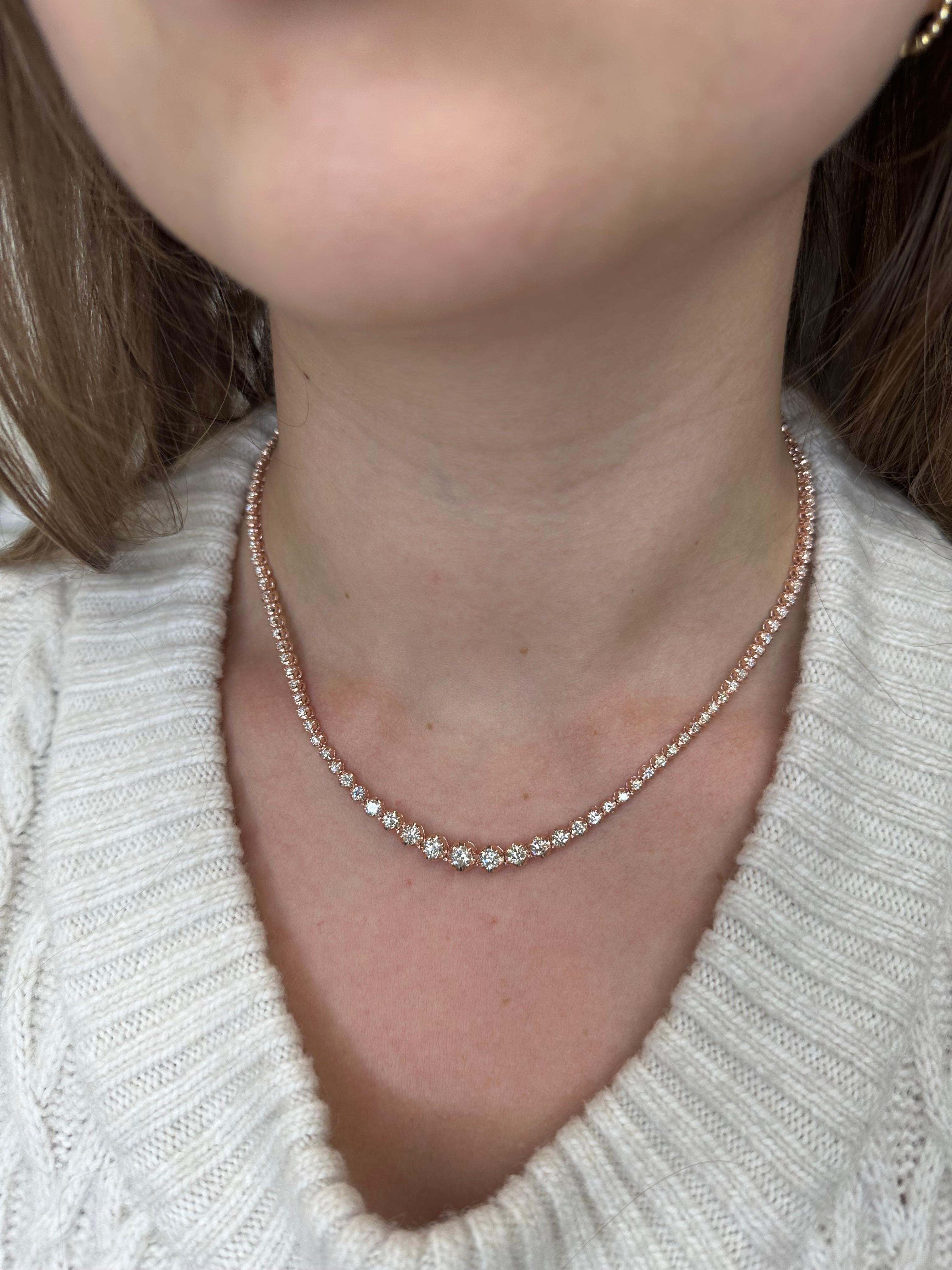 Round Cut 5.30ct Graduated Diamond Tennis Necklace in 14k Rose Gold by Gem Jewelers Co.  For Sale