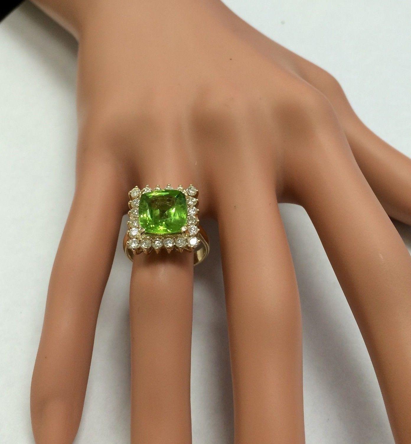 5.30 Carat Natural Very Nice Looking Peridot and Diamond 14K Solid Gold Ring For Sale 3