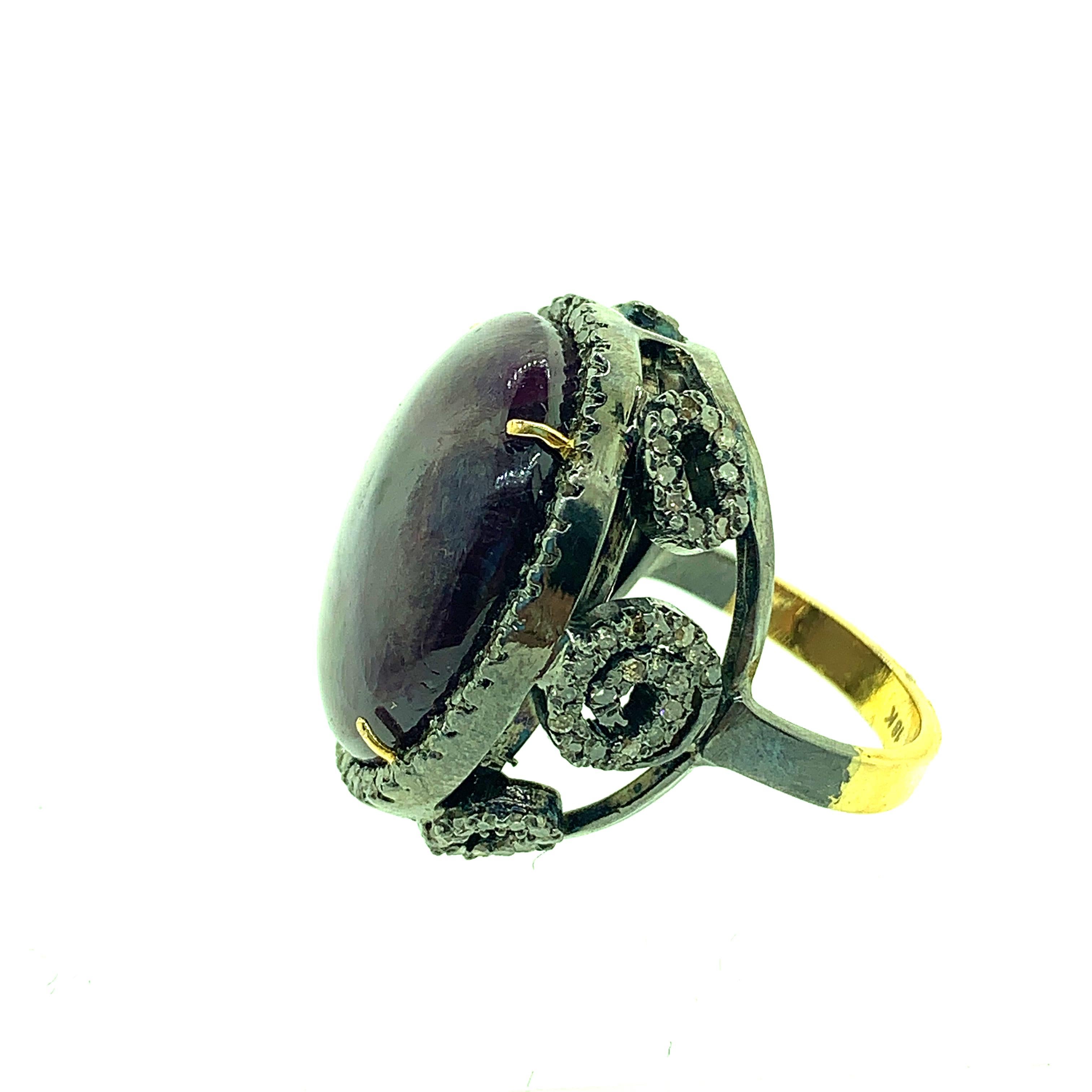Contemporary 53.01  Carat Ruby, 1.25ct Diamond Ring in Oxidised Sterling Silver and 18K Gold For Sale