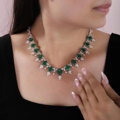 53.04 TCW Oval Emerald Diamond Statement Fringe Necklace 14K White Gold