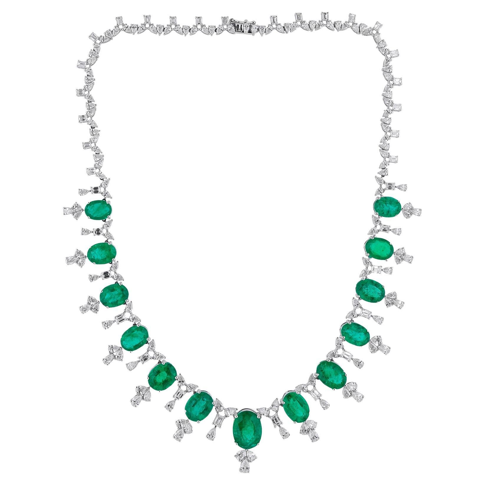 53.04 TCW Oval Emerald Diamond Statement Fringe Necklace 14K White Gold For Sale