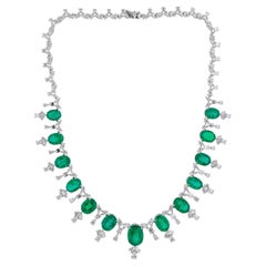 53.04 TCW Oval Emerald Diamond Statement Fringe Necklace 18K White Gold