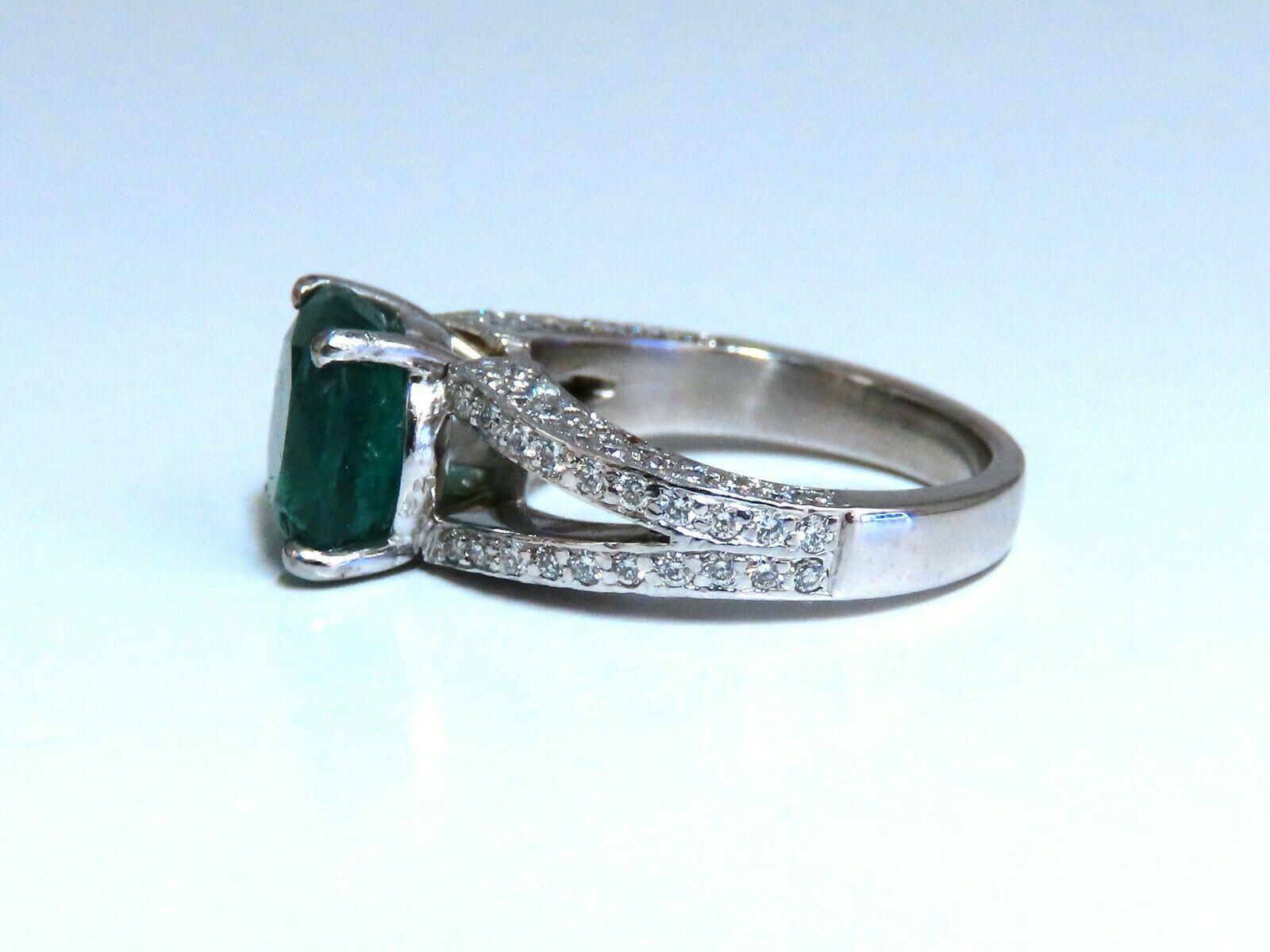 Cushion Cut 5.30 Carat Natural Cushion Emerald Diamonds Ring Platinum Split Shank Fine Green For Sale