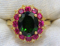 5.30ct Natural Deep Green Diopside Fancy Yellow diamonds Ruby Ring CocktailHalo*