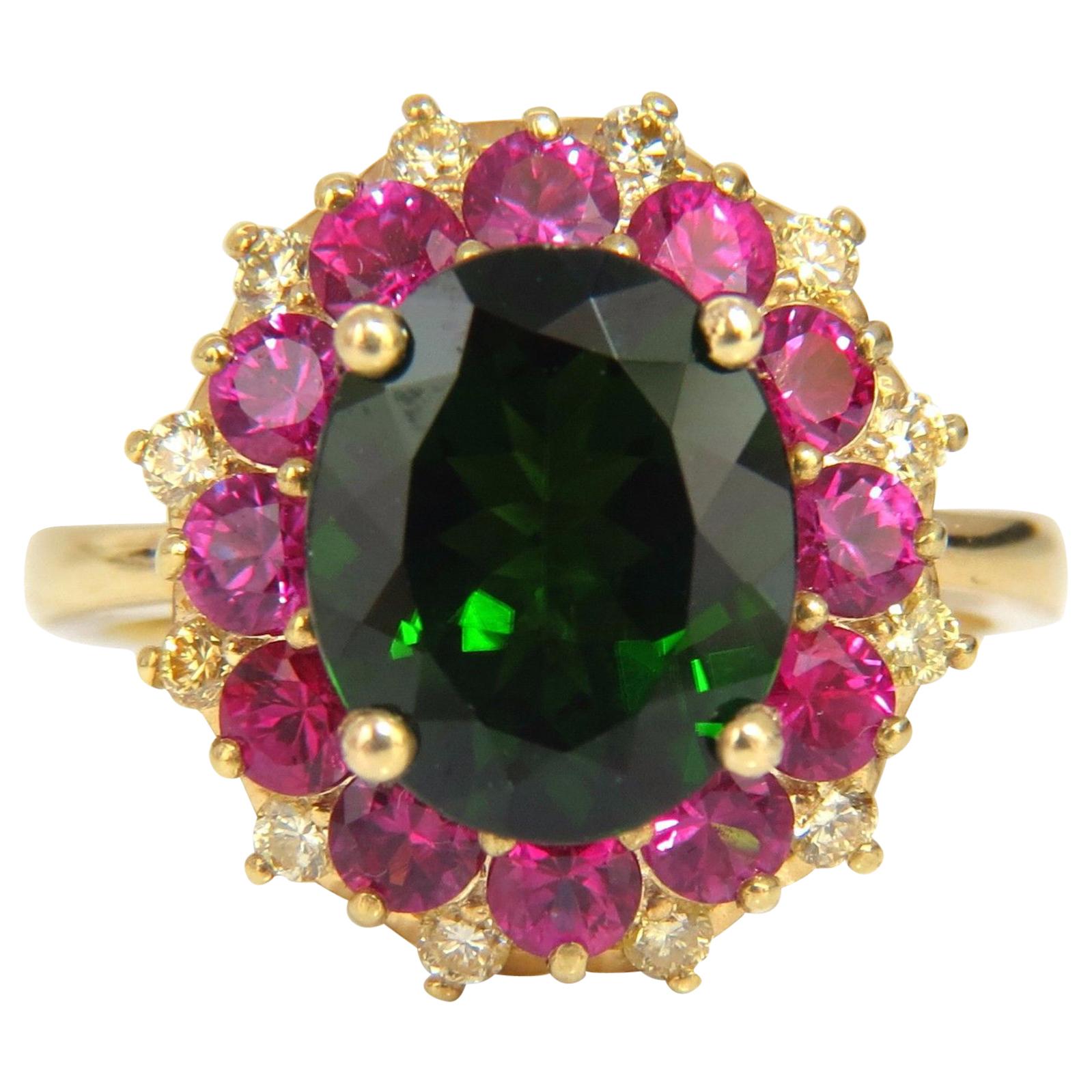 5.30ct Natural Deep Green Diopside Fancy Yellow diamonds Ruby Ring CocktailHalo* For Sale