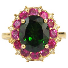 5.30ct Natural Deep Green Diopside Fancy Yellow diamonds Ruby Ring CocktailHalo*