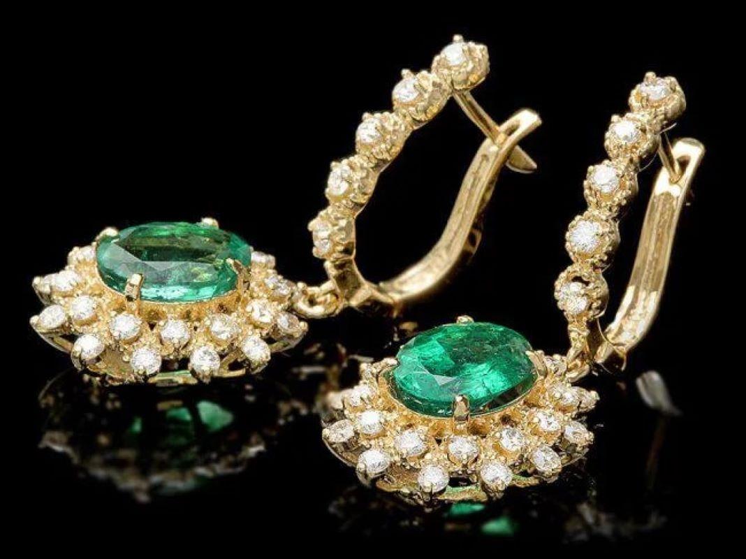 Mixed Cut 5.30ct Natural Emerald and Diamond 14K Solid Yellow Gold Earrings For Sale