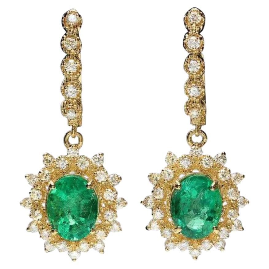 5.30ct Natural Emerald and Diamond 14K Solid Yellow Gold Earrings For Sale