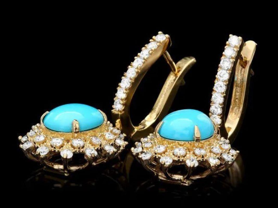 5.30Ct Natural Turquoise and Diamond 14K Solid Yellow Gold Earrings

Total Natural Oval Turquoises Weight: Approx. 3.90 Carats

Turquoise Measure: Approx. 10 x 8 mm

Total Natural Round Cut White Diamonds Weight: Approx. 1.40 Carats (color G-H /