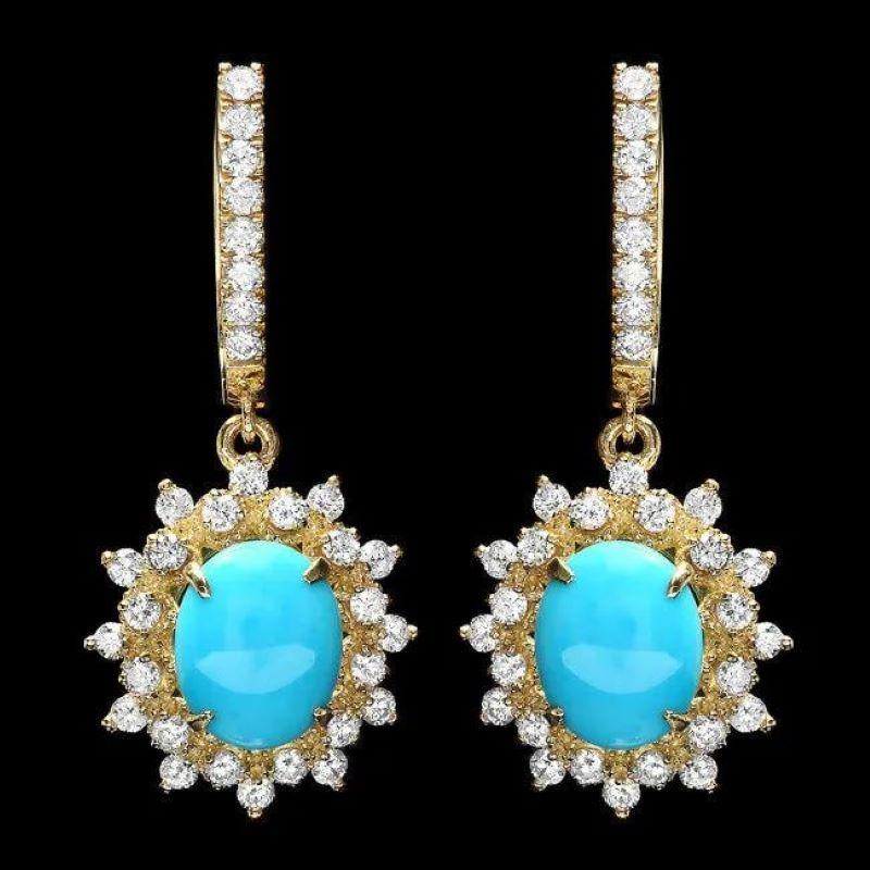 Mixed Cut 5.30Ct Natural Turquoise and Diamond 14K Solid Yellow Gold Earrings For Sale