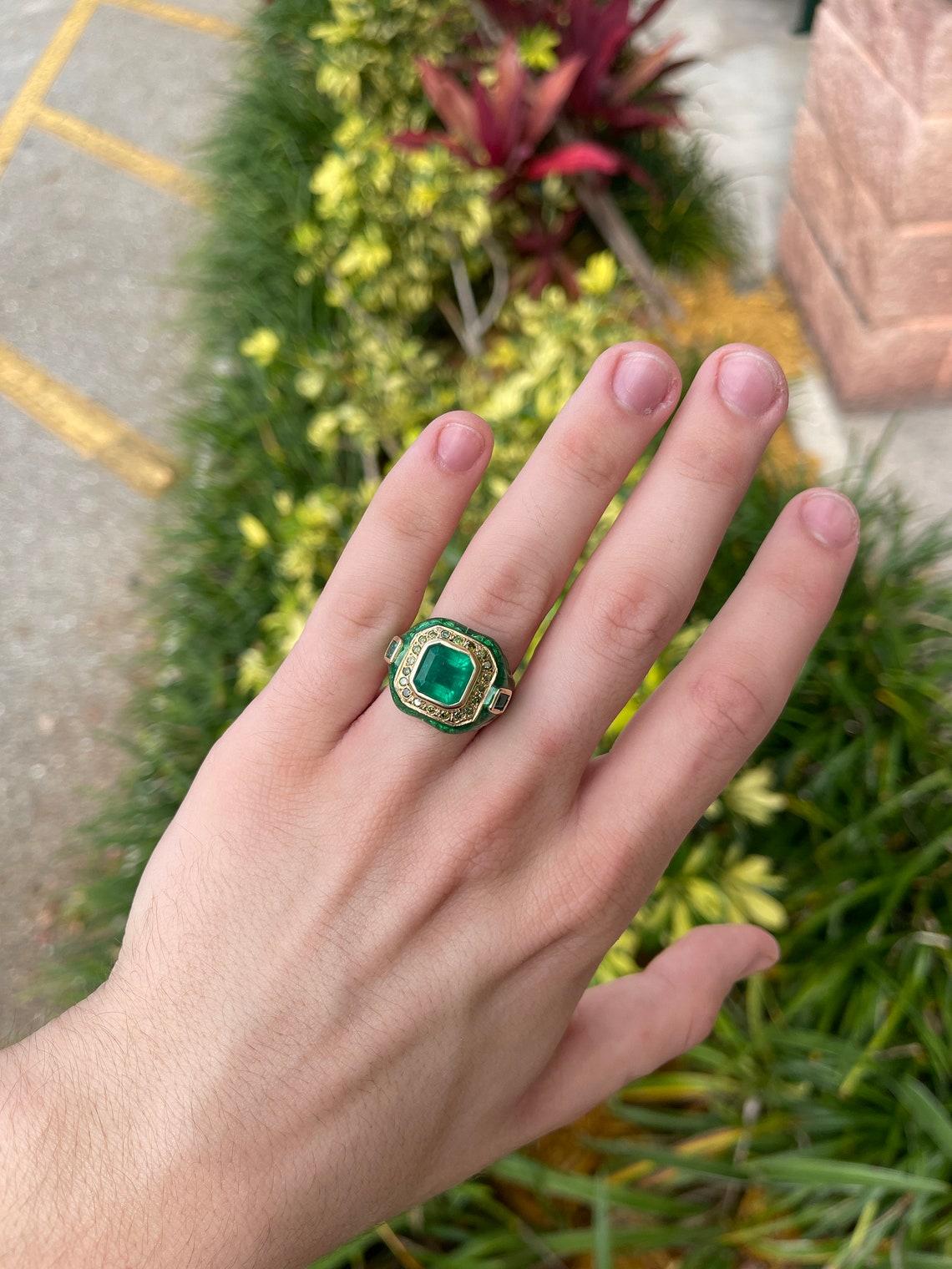 Emerald Cut 5.30tcw 18K Colombian Emerald & Green Diamond Enamel Men's Ring For Sale