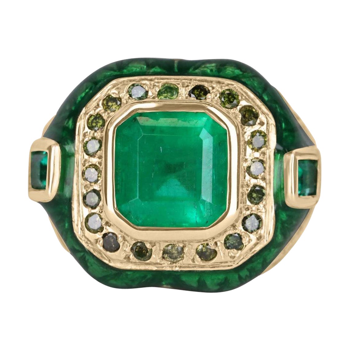 Bague pour homme en émeraude de Colombie 18 carats et émail vert et diamants de 5,30 carats poids total en vente