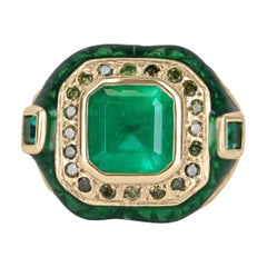 Bague pour homme en émeraude de Colombie 18 carats et émail vert et diamants de 5,30 carats poids total