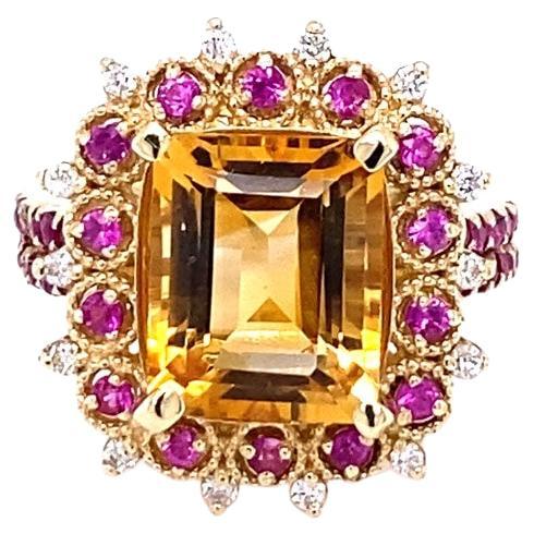 Bague de fiançailles en or jaune avec diamants, saphirs et citrine de 5,31 carats
