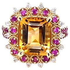 5.31 Carat Citrine Sapphire Diamond 14 Karat Yellow Gold Engagement Ring