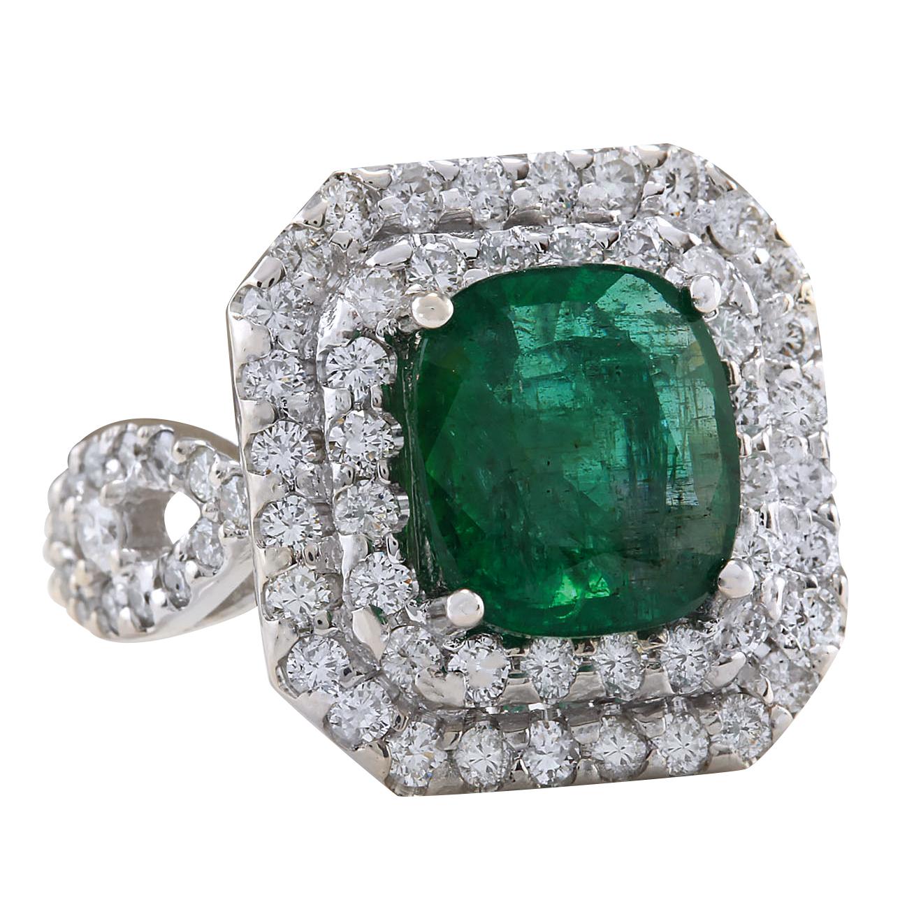 5.31 Carat Emerald 14 Karat White Gold Diamond Ring
Stamped: 14K White Gold
Total Ring Weight: 10.0 Grams
Total  Emerald Weight is 3.71 Carat (Measures: 10.00x9.00 mm)
Color: Green
Total  Diamond Weight is 1.60 Carat
Color: F-G, Clarity: