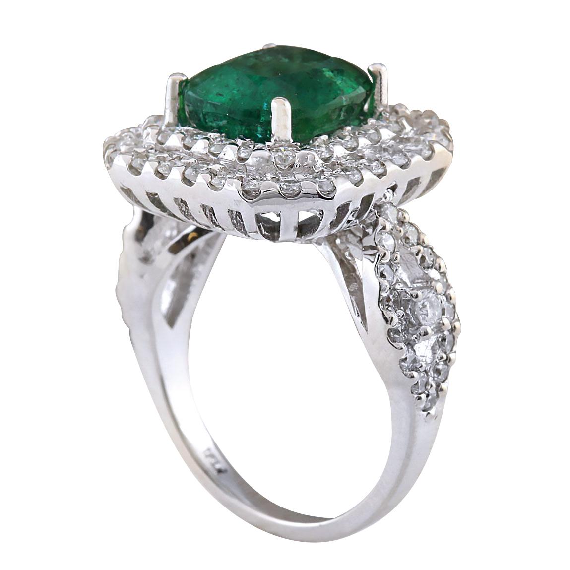 Cushion Cut Emerald Diamond Ring In 14 Karat White Gold  For Sale