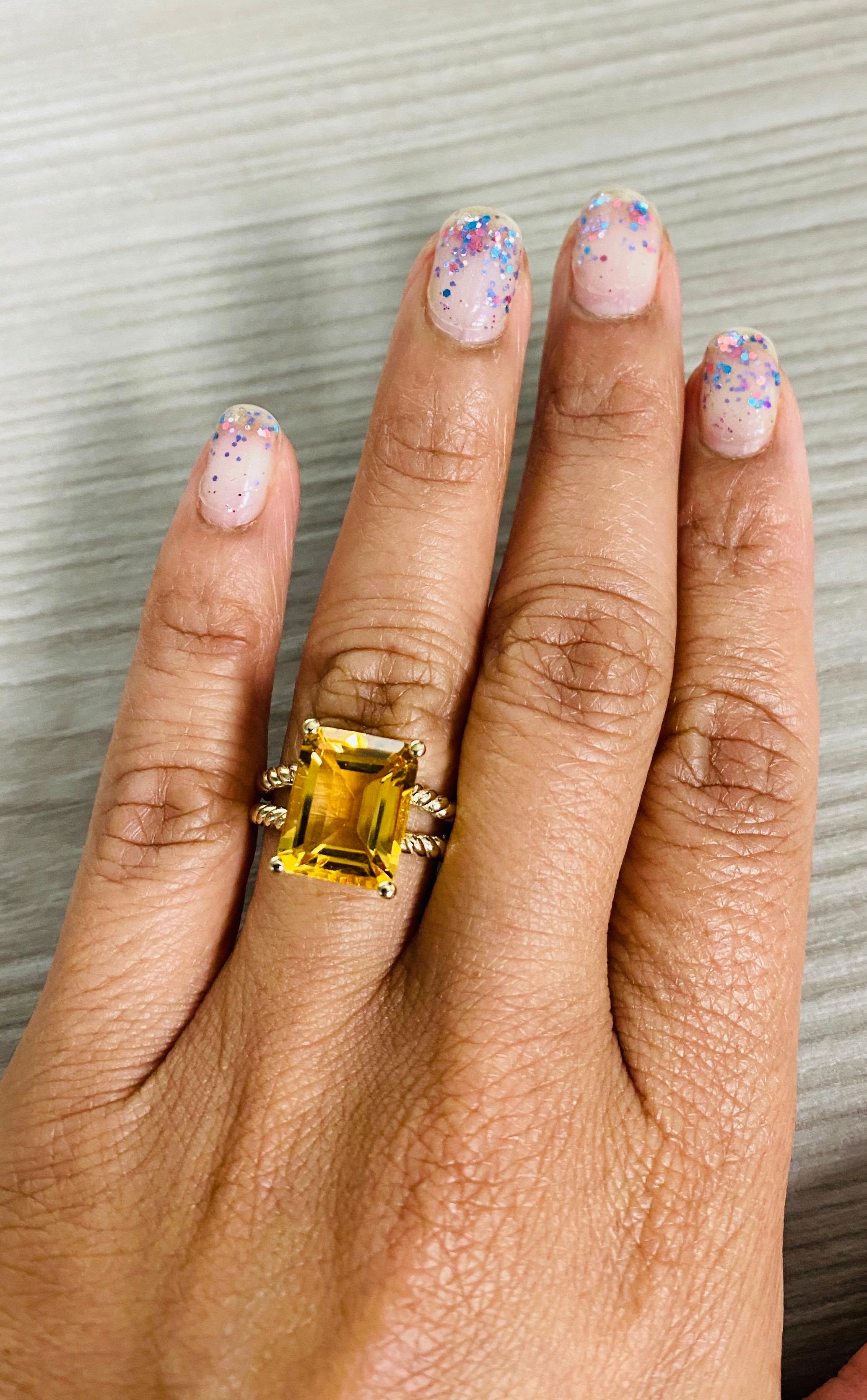 Modern 5.31 Carat Emerald Cut Citrine Quartz Yellow Gold Cocktail Ring