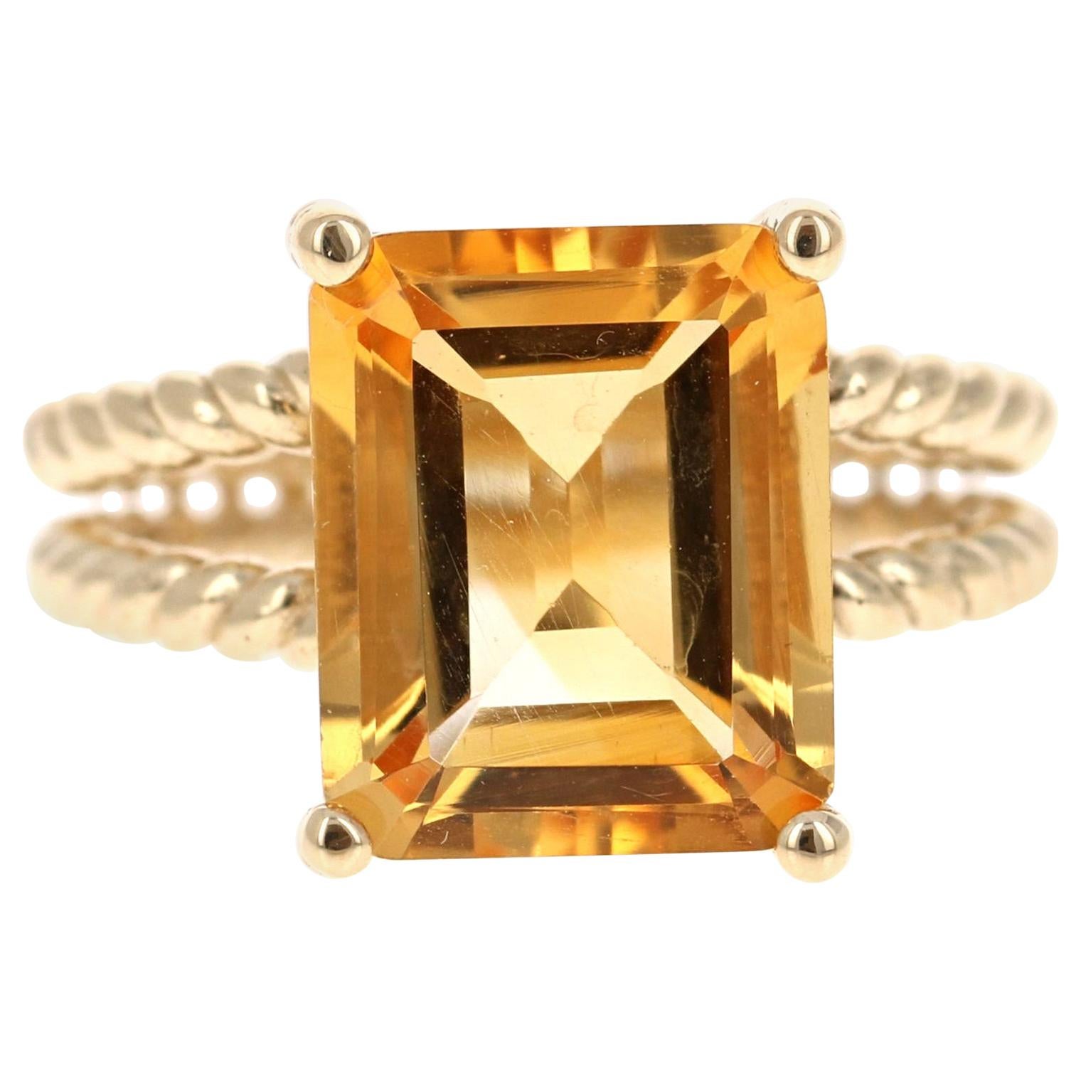 5.31 Carat Emerald Cut Citrine Quartz Yellow Gold Cocktail Ring