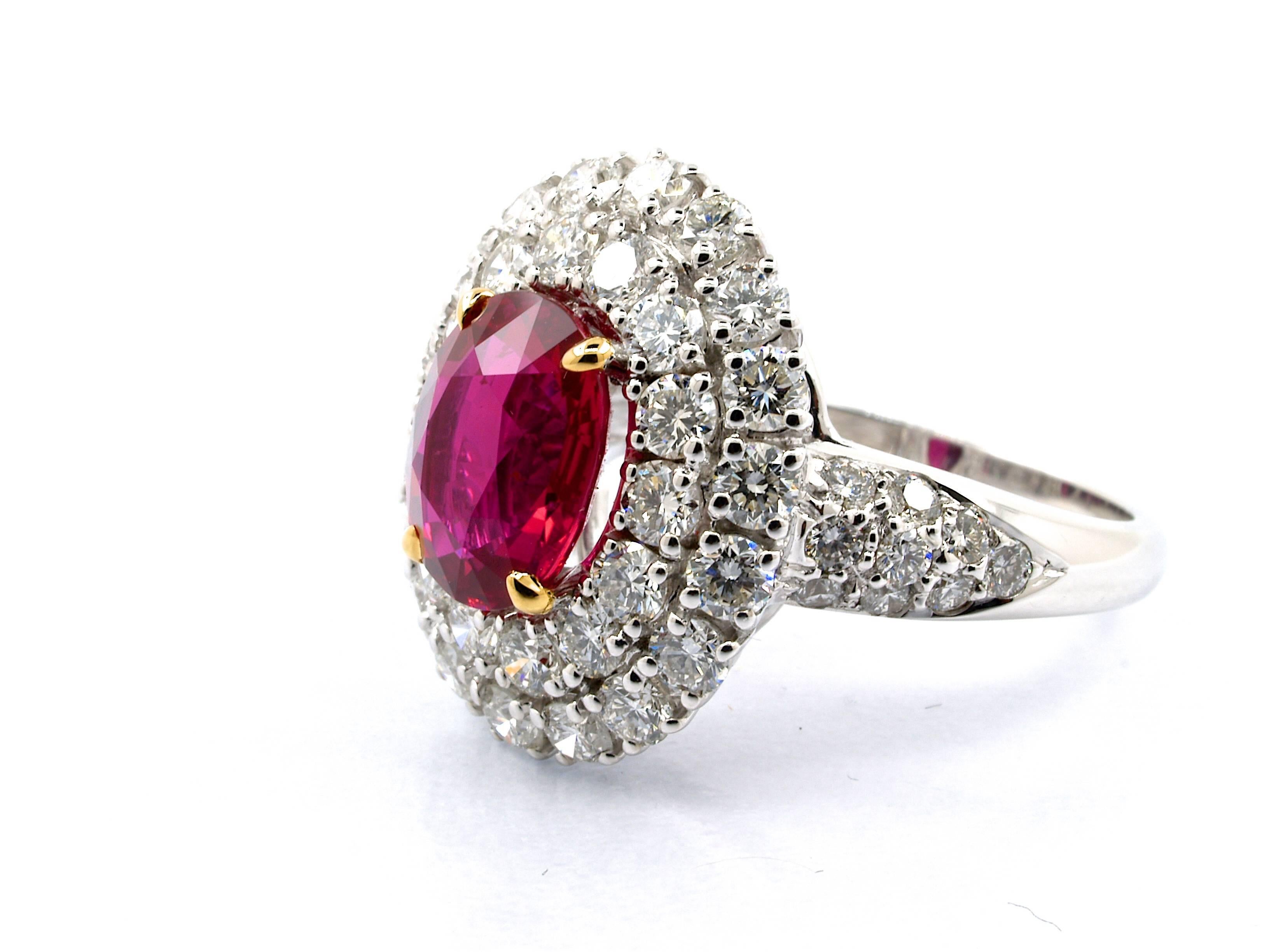 Oval Cut 5.31 Carat GRS Certified Unheated Red Ruby and Diamond Ring For Sale